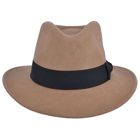 Gents Crushable Camel Indiana 100wool Felt Fedora Trilby Hat With Wide