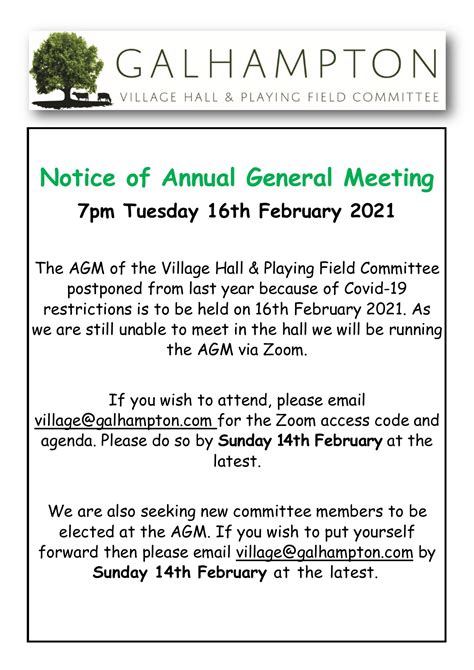 Village Hall And Playing Field Committee Agm Galhampton