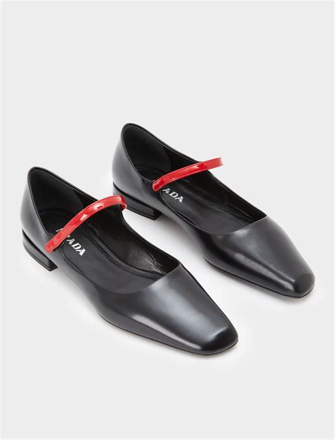 Prada Brushed Leather Ballet Flat With Red Strap Voo Store Berlin