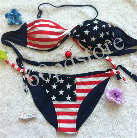Stars And Stripes Usa Padded Twisted Bikini Bandeau American Flag Swimwear 2 Pcs Ebay