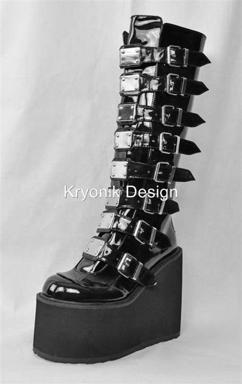 demonia swing 815 goth gothic cyber buckled knee high platform boots patent 6 12 ebay