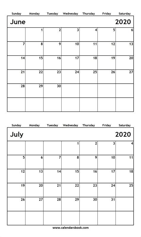 Calendar 2020 June July Month Calendar Printable