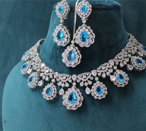 Piece Turquoise Blue Diamond Necklace Set Indian Cubic Etsy