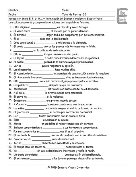 Verbs Start E F G H I End Ir Spanish Fill In The Blanks Exam Teaching Resources