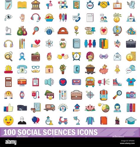 100 Ciencias Sociales Conjunto De Iconos De Estilo De Dibujos Animados