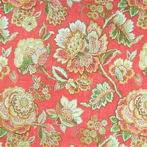 Coral Pink Floral Linen Upholstery Fabric