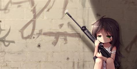 Wallpaper Gun Anime Girls Brunette Green Eyes Weapon Original