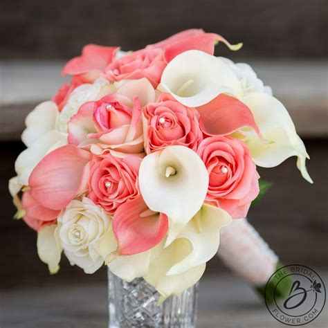 Coral And Ivory Wedding Bouquet Roses And Calla Lilies 9″ Real Touch