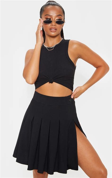 Petite Black Pleated Side Split Tennis Skirt Prettylittlething