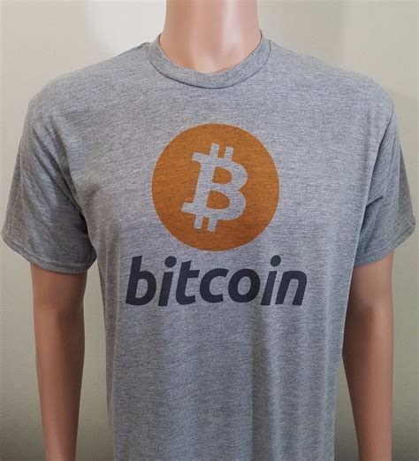Orange and white bitcoin logo with the word bitcoin in gray italic font. BITCOIN T-SHIRT $$ brand new grey cryptocurrency coin tee ...