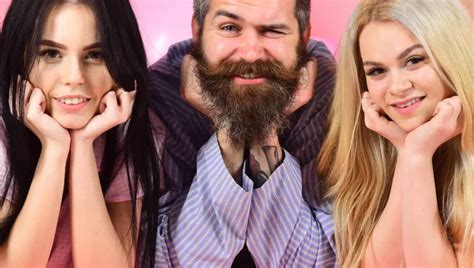 Man And Woman On Smiling Faces Lay Pink Background Couple In Love Happy Together Bearded Man