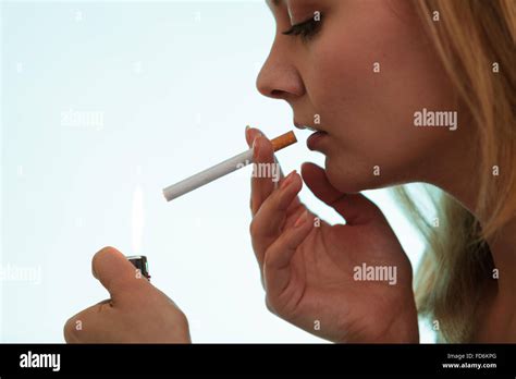 Pretty Girl Smoking Cigarette Using Lighter Addicted Nicotine Problems