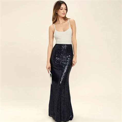Shiny Sequin Black Skirt Custom Made Floor Length Long Maxi Skirt European Style Sexy Mermaid