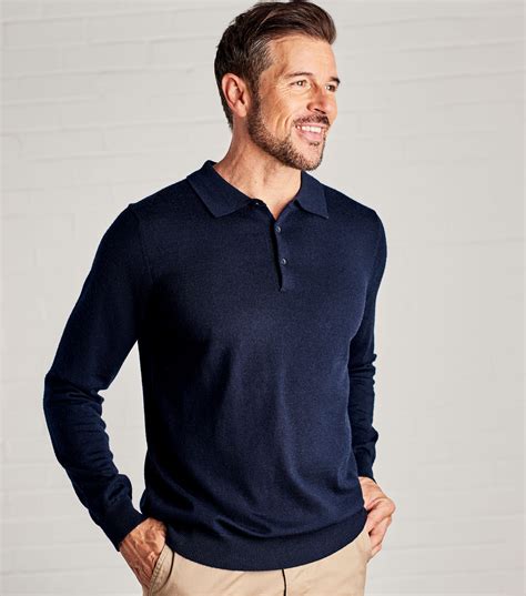 Navy Mens Luxurious Merino Long Sleeve Polo Shirt Woolovers Uk