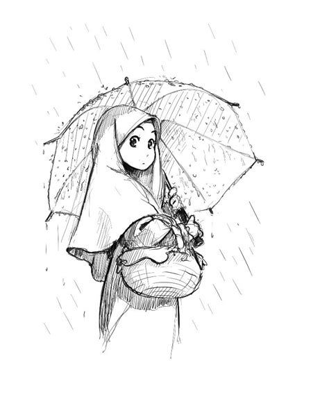 Mangagirlwithumbrellaintherain Dengan Gambar Lukisan Sketsa