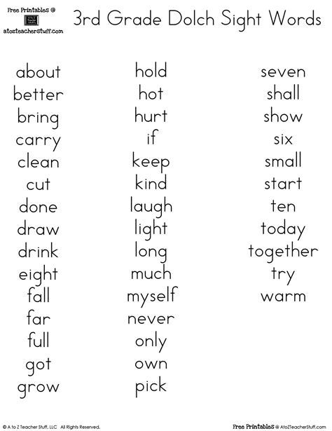 3rd Grade Dolch Sight Words Pdf Slide Share
