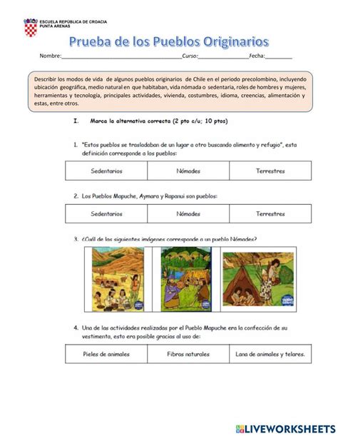 Prueba Pueblos Originarios Interactive Worksheet Live Worksheets