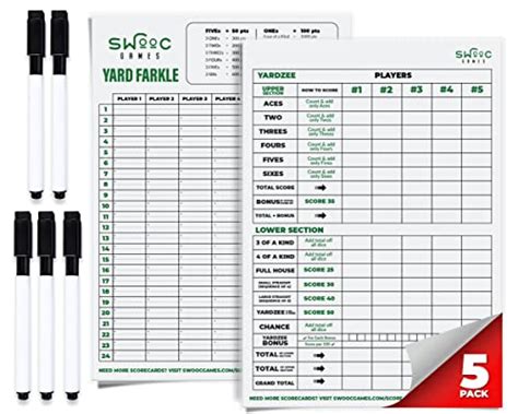 Swooc Games 5 Big Dry Erase Yardzee And Farkle Score Cards With 5