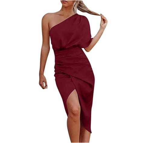 One Shoulder Bodycon Dresses For Women Asymmetrical Split Front Sexy Dress Trendy Ruched