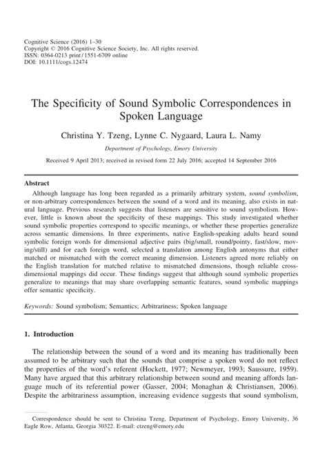 Pdf The Specificity Of Sound Symbolic Correspondences In Spoken Language