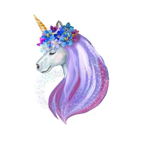 Watercolor Illustration Of A Unicorn With Flowers On Its Head A