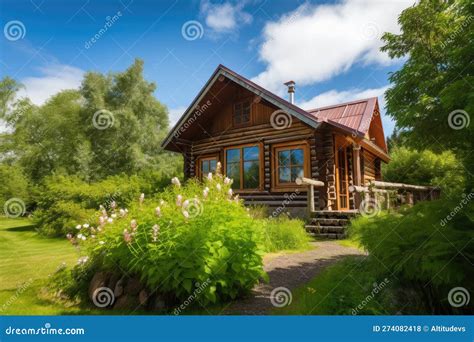 Log Cabin Surrounded By Lush Greenery With Clear Blue Skies And