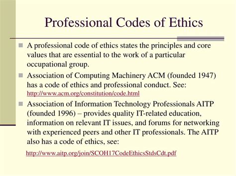 Codes of ethics, which specify a collective commitment towards a profession, helps in motivation for ethical conduct. PPT - Introduction to Computer Ethics PowerPoint ...