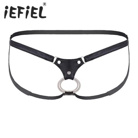 Iefiel Sexy Mens Lingerie Faux Leather Open Back And Hollow Out Jockstrap Low Rise Bikini G