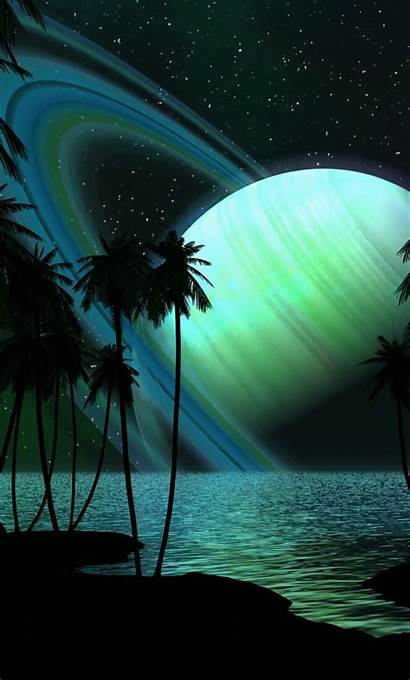 Saturn Palm Trees Water Space Iphone 4k