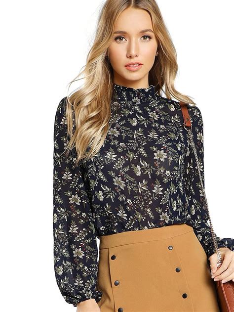 women s clothing tops and tees blouses and button down shirts women s floral print high nec