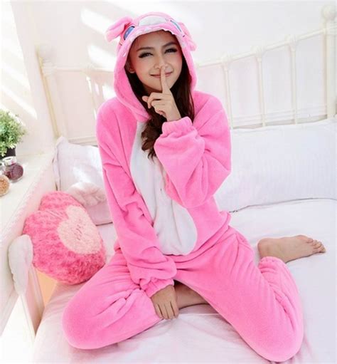 2017 Winter Thick Warm Women Pajamas Set Female Cute Pink Stitch Lovely Hooded Womens Onesie