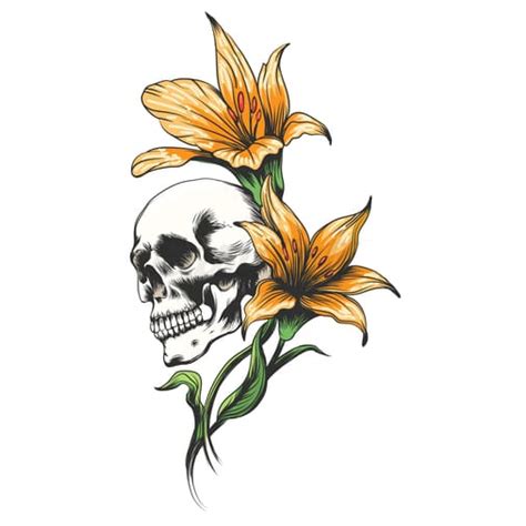 Skull With Lilies Temporary Tattoo Easytatt