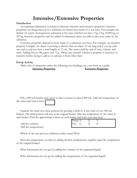 Intensiveextensive Properties Activity