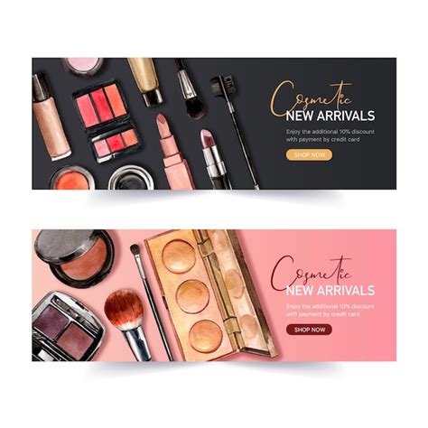Cosmetic Banner Design With Lipstick Eyeliner Highlighter Free Vector