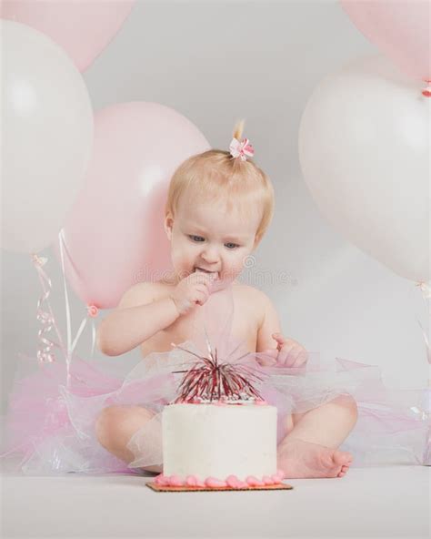 One Year Old Birthday Portraits With Smash Cake Stock Photo Image Of