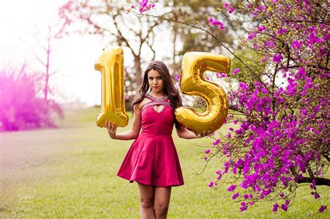 Quinceañera Photoshoot With Red Dress And Number 15 Balloons