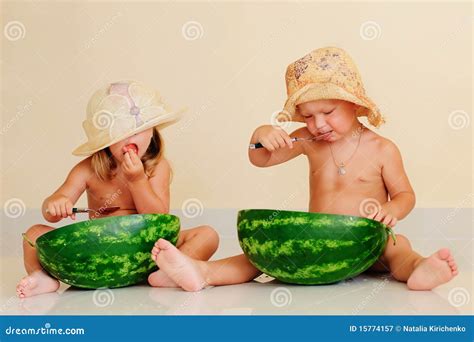 Funny Kids Eating Watermelon Stock Image Image Of Caucasian