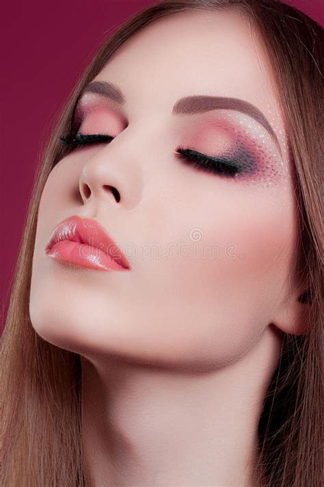 Female Beauty Portrait Glamour Pink Makeup Stock Photo