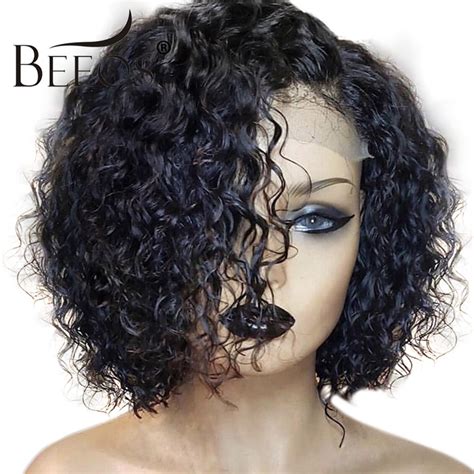 Beeos Brazilian Remy 136 Curly Lace Front Human Hair Wigs Short Bob Wig With Preplucked