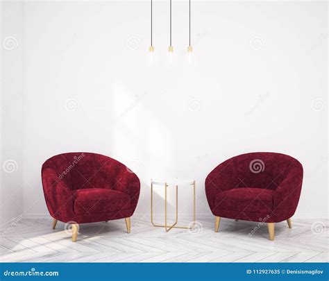 White Living Room Interior Two Red Armchairs Stock Illustration