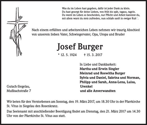 Josef Burger Traueranzeige Badische Zeitung