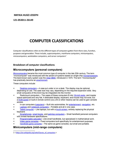 Classifications Of Computers Nnyika Hugo Joseph 121 053011 Computer