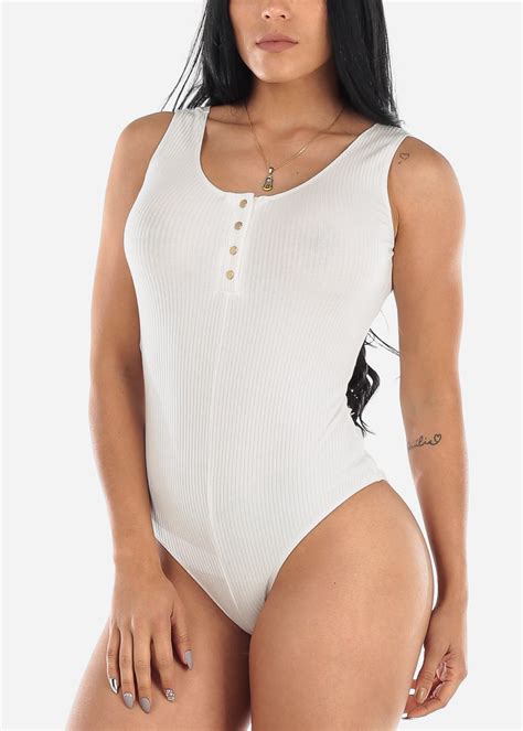 Moda Xpress Womens Sleeveless Bodysuit Round Neck Ribbed White