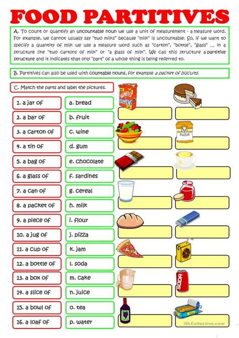 Food Partitives A Box Of A Bunch Of English Esl Worksheets For