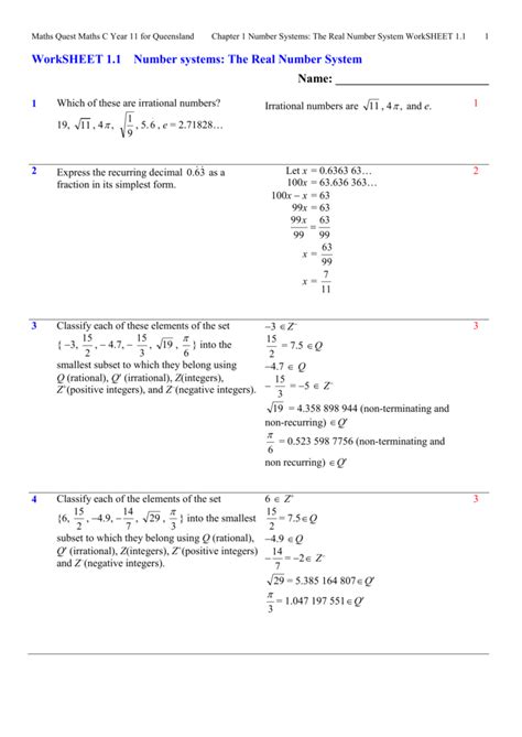 Subsets Of Real Numbers 1.1 Worksheet Answers