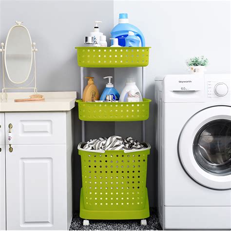 Bathroom Laundry Clothes Baskets Bin Removable Shelf Green - Furniturre