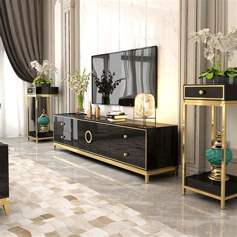 Modern Black Tv Stand With Drawers And Doors Gold Media Console For Tvs