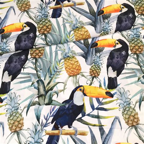 Exotic Toucan Cotton Fabric Tropical Bird Cactus Pineapple Etsy