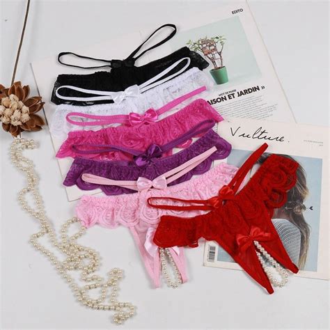 buy women sexy thongs lace bowknot hollow pearls lace thong panties low waist underwear