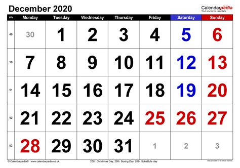 Calendar December 2020 Uk With Excel Word And Pdf Templates